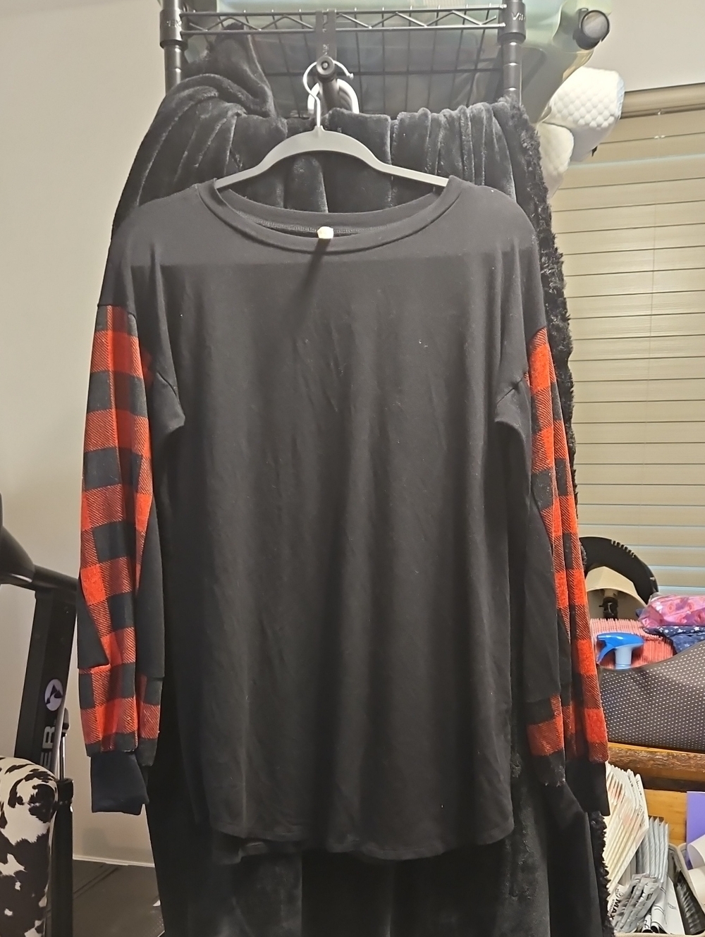 Black Long-Sleeve Shirt with Red Buffalo Plaid Sleeves